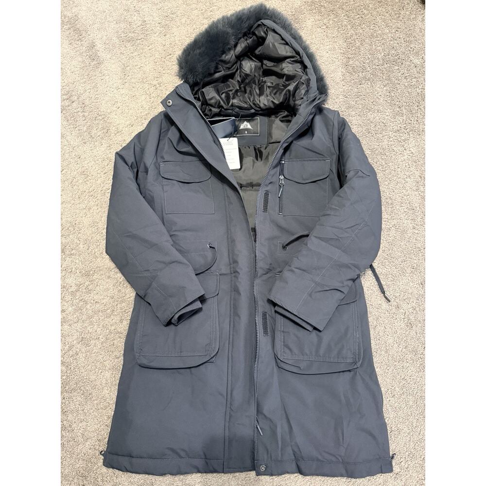 NWT Women’s Small Black Fur Trimmed Puffer Coat Long Adjustable Removable